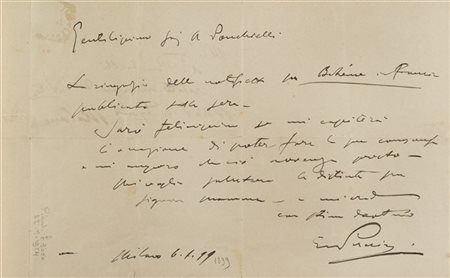 PUCCINI, Giacomo (1858-1925) - Lettera autografa per la rappresentazione della