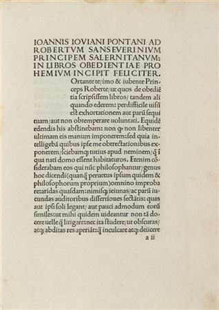 PONTANO, Giovanni Gioviano (1429-1503) - De Oboedientia. Napoli: Mathias Moravu