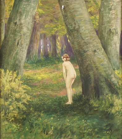 ANONIMO inizio XX Sec. "Nudo femminile in un bosco", tempera su cartone,...