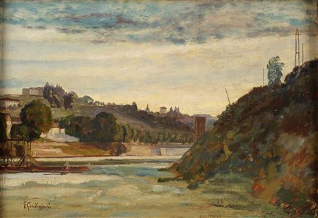 EDOARDO GORDIGIANI Firenze 1867-1961 "Paesaggio fluviale", olio su tela,...