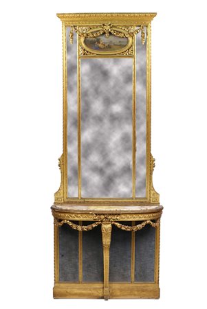 CONSOLE CON RELATIVA SPECCHIERA Francia fine del XIX Sec. In legno dorato ed...