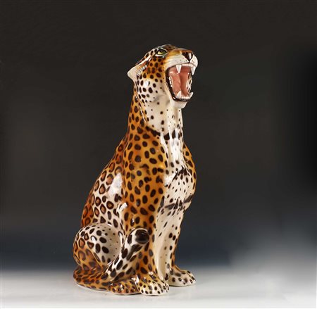 RONZAN vecchia manifattura "Leopardo", grande scultura in ceramica dipinta in...