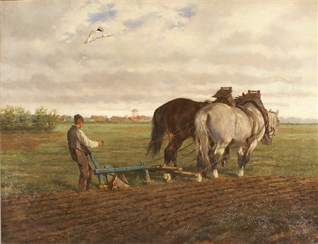 SCUOLA ITALIANA XX Sec. "Contadino con aratro", olio su tela, siglato in...