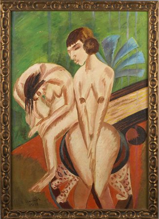 PITTORE TEDESCO XX Sec. "Nudi di donne nella vegetazione", olio su cartone...