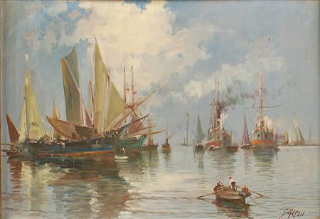 G. MEROLI Italia XX Sec. "Marina con barche", olio su compensato, firmato in...