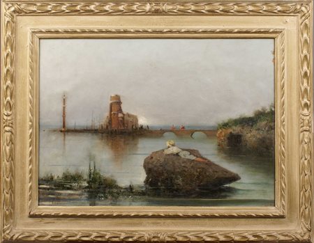 SCUOLA ITALIANA XX secolo Sec. " Bambino sullo scoglio con sfondo di veduta...