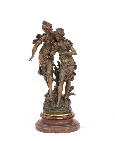 AUGUSTE MOREAU Francia 1834-1917 "Bonne nouvelle" gruppo in bronzo patinato e...