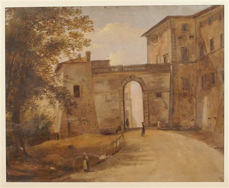 SCUOLA ITALIANA XIX Sec. "Scorcio di Palazzo Chigi", tecnica mista su carta...