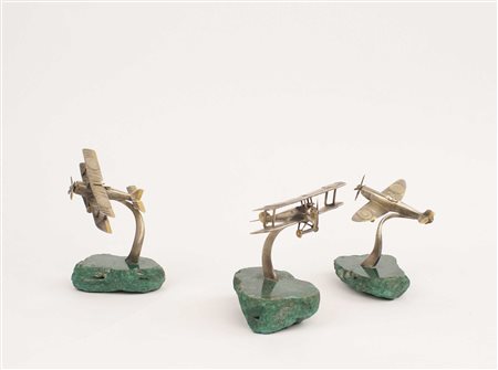 COLLEZIONE DI TRE AEROPLANI IN ARGENTO manifattura italiana Poggianti su basi...
