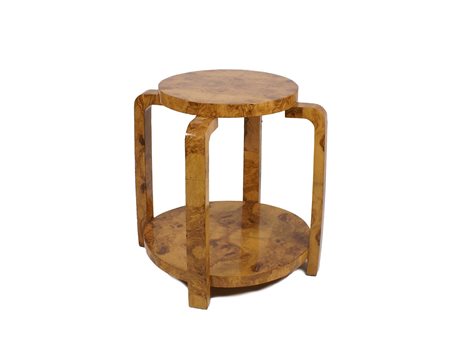 TAVOLINO DECò Francia In radica di olivo, piano circolare con quattro...