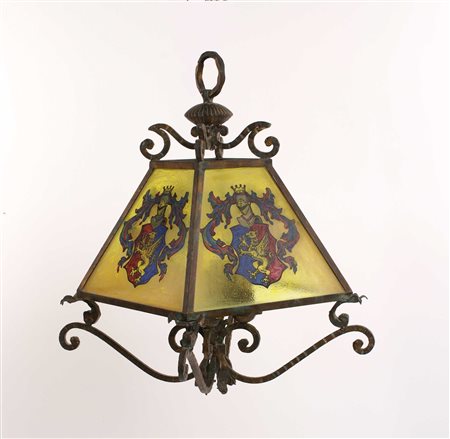 LANTERNA inizi del XX Sec. Struttura in ferro battuto e forgiato a motivo di...