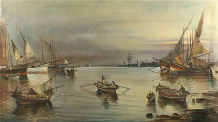 G. MEROLI Italia XX Sec. "Scena di porto", olio su tela, entro cornice in...