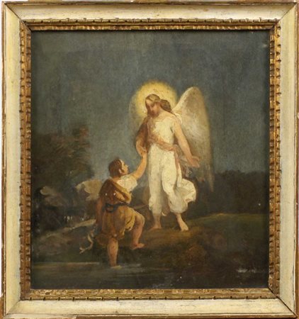 SCUOLA FRANCESE XIX Sec. "Tobia e l'Angelo", olio su tela, entro cornice in...