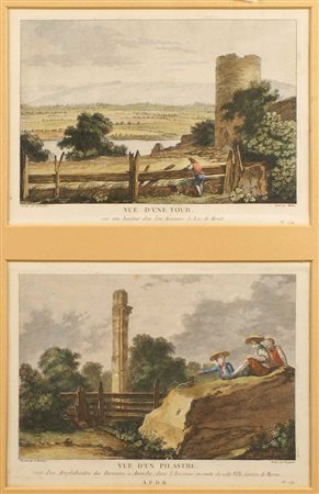SCUOLA FRANCESE XIX Sec. Coppia si stampe raffiguranti vedute con rovine,...