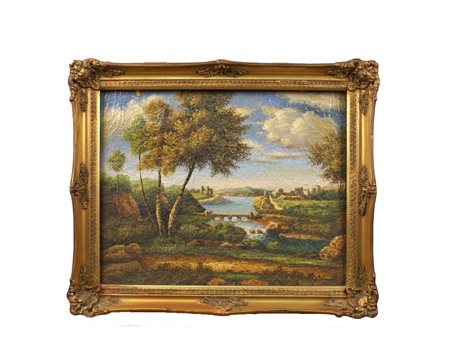 SCUOLA ITALIANA del XX Sec. "Paesaggio fluviale", olio su tela, entro cornice...