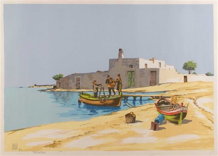 ALDO RISO S.Maria di Leuca 1928-Roma 2008 "Pescatori", litografia p.a.,...