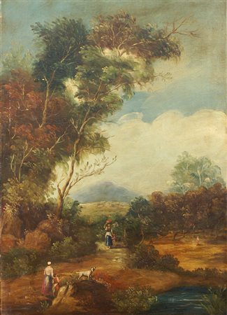 SCUOLA ITALIANA XX Sec. "Paesaggio con figure", olio su tela Dim. 70x50 cm.