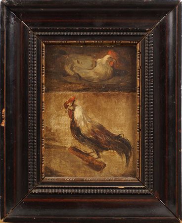 SCUOLA FRANCESE XIX Sec. "Gallo e Gallina", coppia di bozzetti olio su tela...