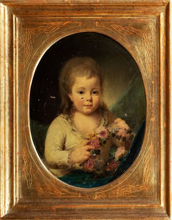 Scuola francese, secolo XIX - Ritratto di bambina con fiori in mano