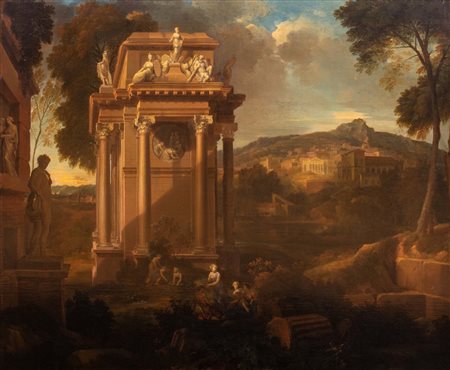 Scuola romana, inizi secolo XVIII - Paesaggio arcadico con rovine classiche