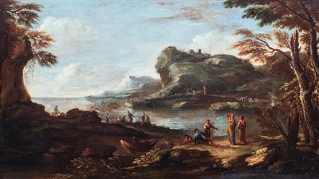 Atelier di Salvator Rosa (Napoli 1615 – Roma 1673) - Paesaggio fluviale con pescatori e viandanti