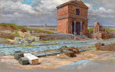 Ettore Ferrari (Roma 1845-1929)  - Coppia di vedute nei pressi dell'Appia Antica
