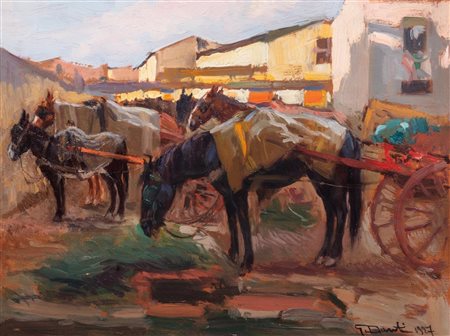 Gino Danti (Firenze 1881-1968)  - La sosta dei carretti, 1927