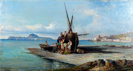 Consalvo Carelli (Napoli 1818-1910)  - Veduta della baia di Napoli con barche e pescatori