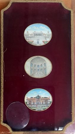 Maestro del seocolo XIX "Scorci di palazzi orientali" tre miniature su avorio (