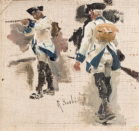 Raffaello Sorbi "Studio per soldati" 
olio su tela applicata a cartone (cm 9x9)