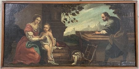 Ignoto "Sacra Famiglia con San Giuseppe al lavoro" antico dipinto ad olio su te