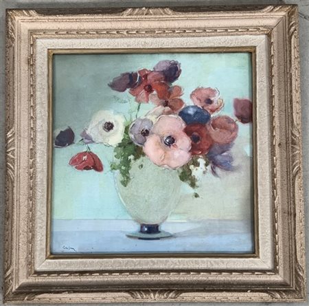 Firma indecifrata "Vaso di fiori", olio su tela (cm 40x40) firmato in basso a s