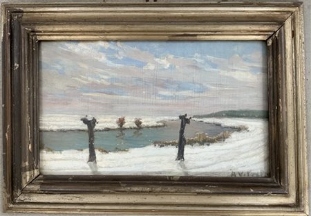 Alberto Vitali "Paesaggio fluviale innevato" olio su tavola (cm 30x49) firmato i