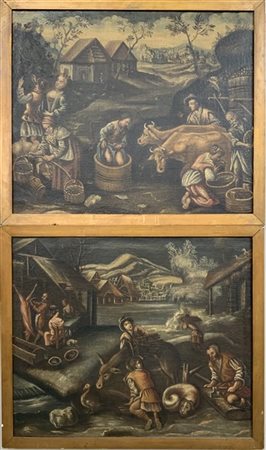 Imitatore dei Bassano "Autunno" e "Inverno" coppia di dipinti ad olio su tela (
