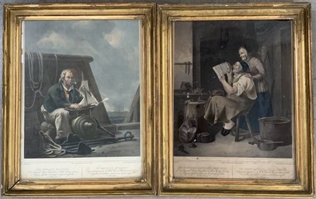 Due acquatinte del secolo XIX raffiguranti marinaio e calderaio (cm 41x31), in