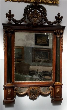 Antica specchiera in legno con montanti a semicolonna ebanizzata, cimasa decora