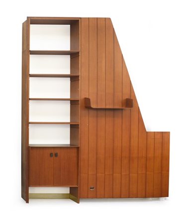 Libreria a incasso in legno di teak impiallacciato e bordato a sei ripiani, sco