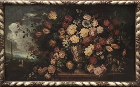 Ignoto "Nature morte con fiori e volatili" coppia di dipinti ad olio su tela (c
