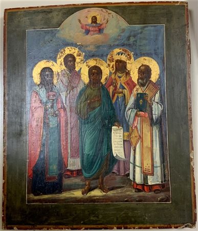 Icona russa della fine del secolo XIX raffigurante Santi (cm 32x27) (difetti)