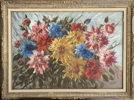 Firma indecifrata "Fiori" olio su tela (cm 70x100) In cornice