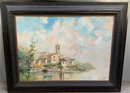 Alessandro Catalani "Paesaggio lacustre" olio su compensato (cm 64x92) Firmato i