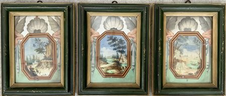Ignoto del secolo XVIII "Paesaggi" tre dipinti a tempera su gesso (cm 16x12) In