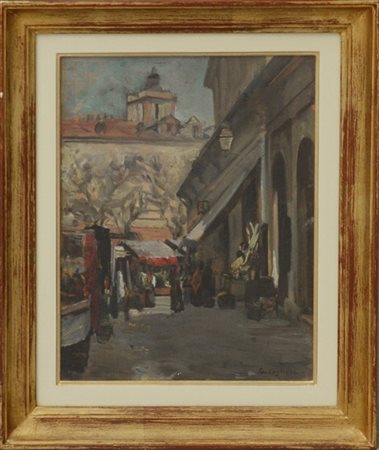 César Pugliese "Il mercato" 
olio su tavola (cm 36x27,5)
Firmato in basso a dest