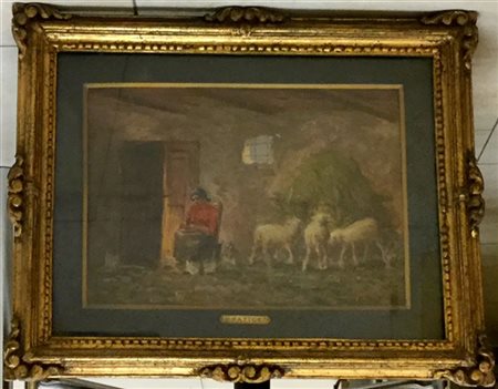 Mario Fattori "Interno di stalla con contadina e animali" olio su tela applicata