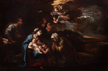 Scuola napoletana, secolo XVII - Sacra Famiglia con San Giovannino e Sant'Anna in un paesaggio