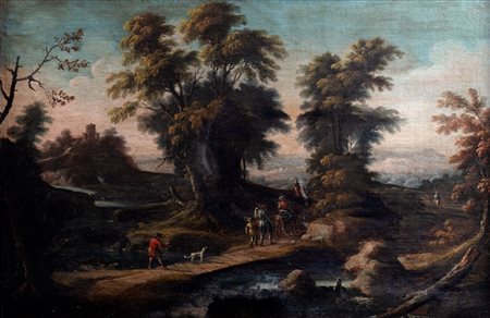 Scuola dell'Italia settentrionale, secolo XVII - Paesaggio con ponte e viandanti