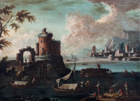 Scuola dell'Italia settentrionale, secolo XVII - Paesaggio costiero con torre e astanti