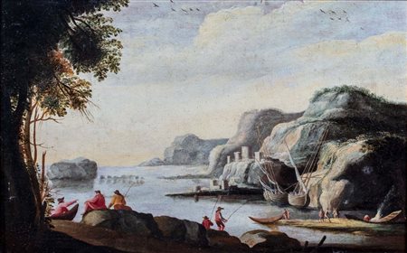 Scuola italiana, fine secolo XVIII - inizi secolo XIX - Veduta costiera con pescatori in primo piano