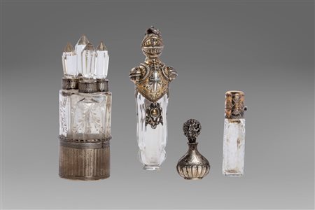 Lotto composto da 4 portaprofumi in cristallo e argento