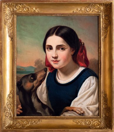 Scuola francese, secolo XIX - Giovane donna a mezzo busto con cagnolino